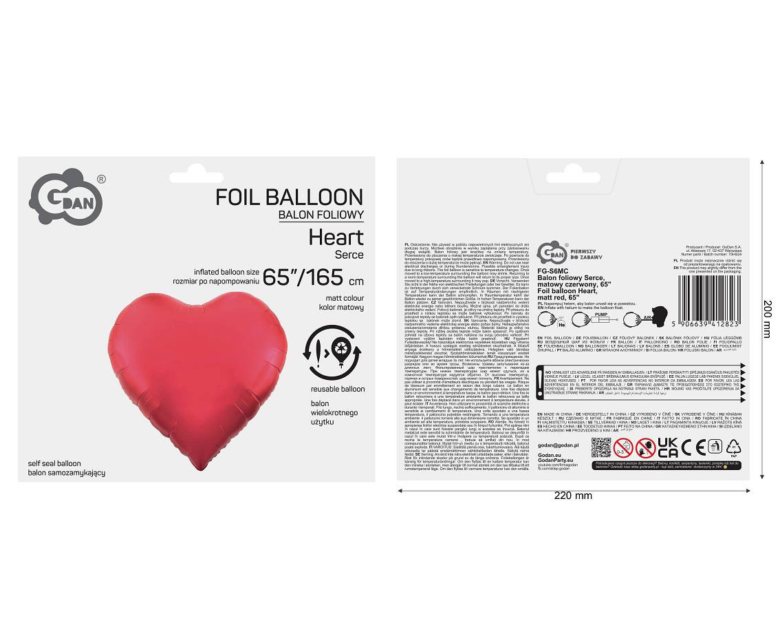 Foil balloon Heart, mat red, 65"